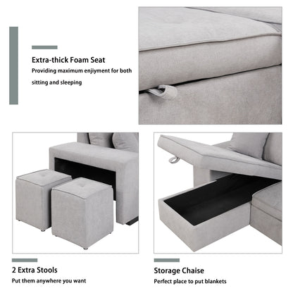 Modern L-Shape 3 Seat Reversible Sectional Couch, Pull Out Sleeper Sofa With Storage Chaise And 2 Stools For Living Room Furniture Set