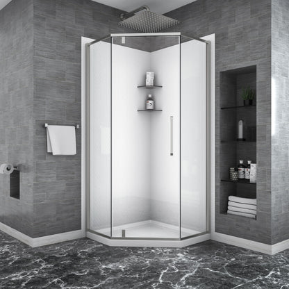 Semi Frameless Neo Angle Hinged Shower Enclosure With Clear Tempered Glass - Brushed Silver