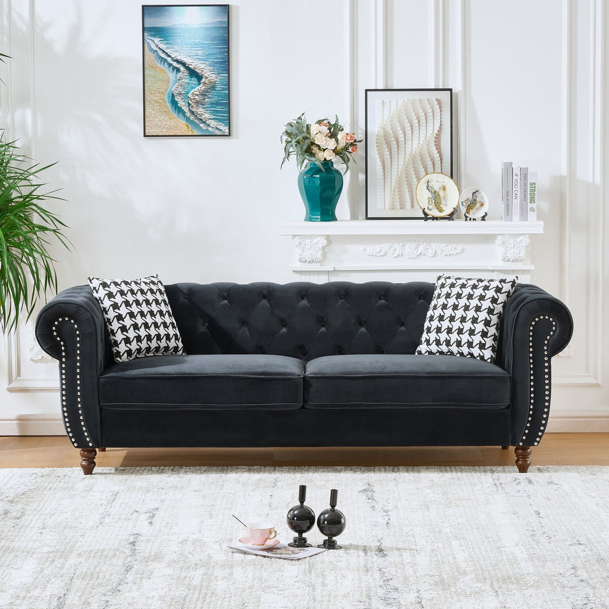 Chesterfield Upholstery Fabric Sofa With Roll Armrest & Nailhead