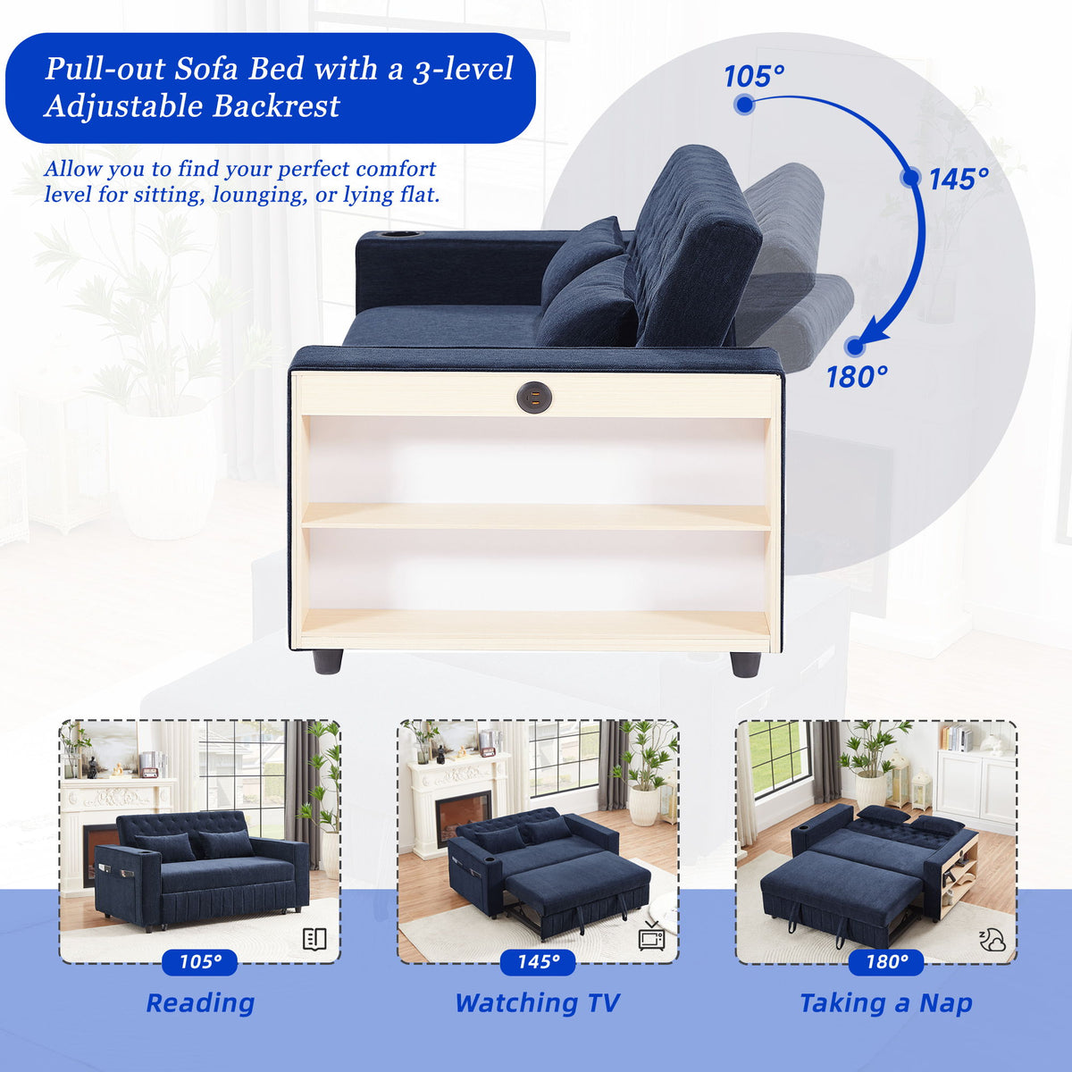 Pull-Out Sofa Bed Convertible Couch With Adjustable Backrest For Living Room