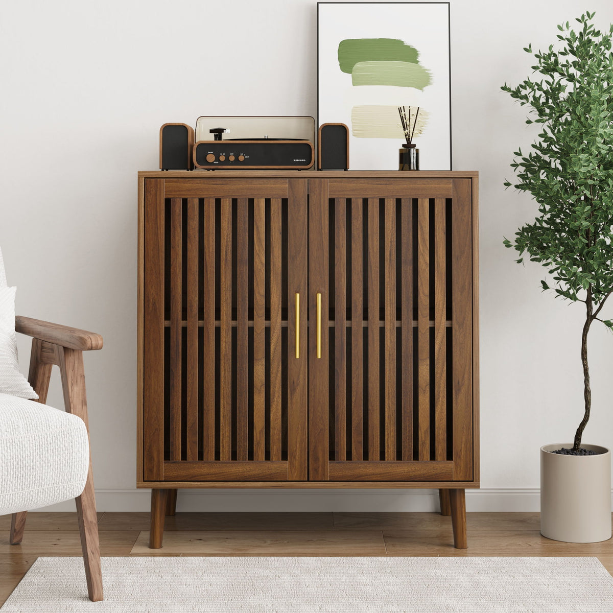Grille Striped Sideboard Buffet Cabinet With Storage