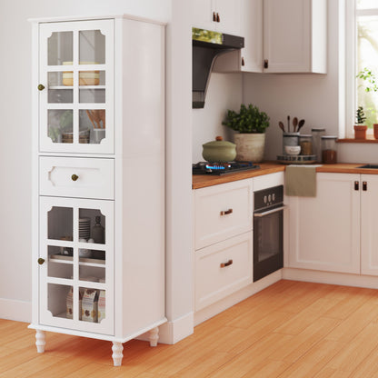 Storage Cabinet, Freestanding Curio Cabinet With Grid Doors & Drawer, Pantry Display Cabinet For Kitchen