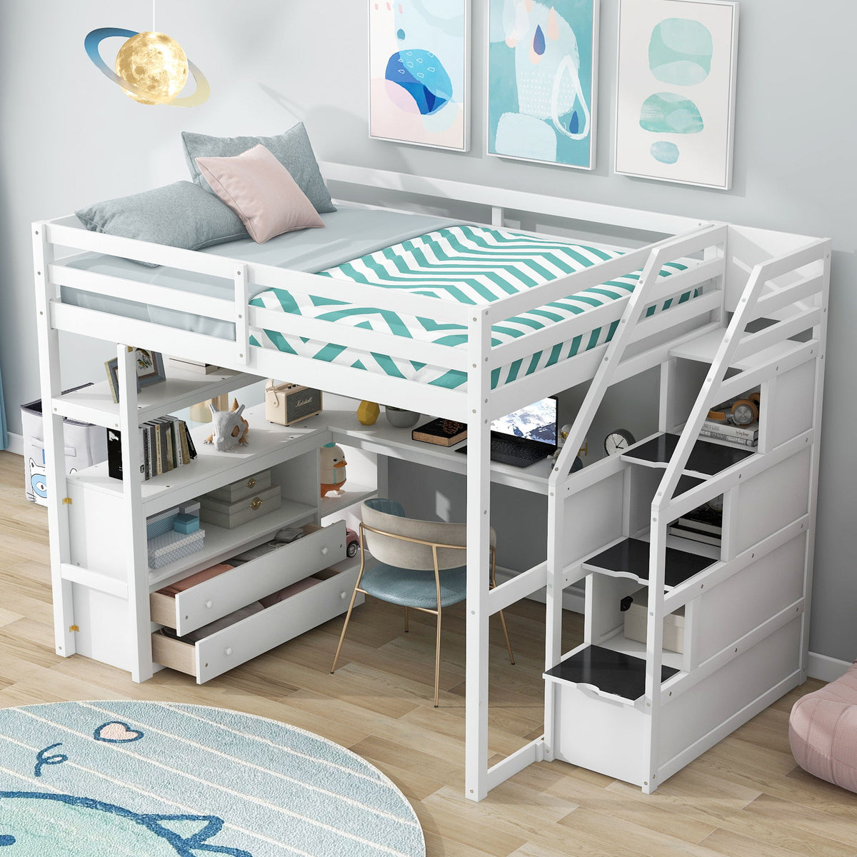 Loft Bed With Desk, Shelves, 2 Drawers, Storage Staircase
