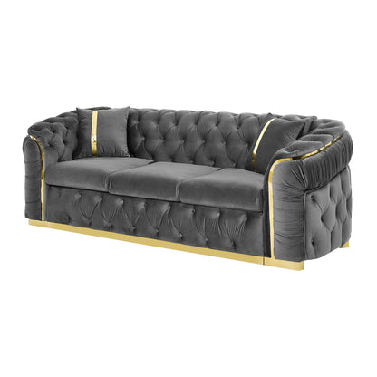 Button Tufted Couch With 2 Pillows, 3 Seater Luxury Chesterfield Sofa