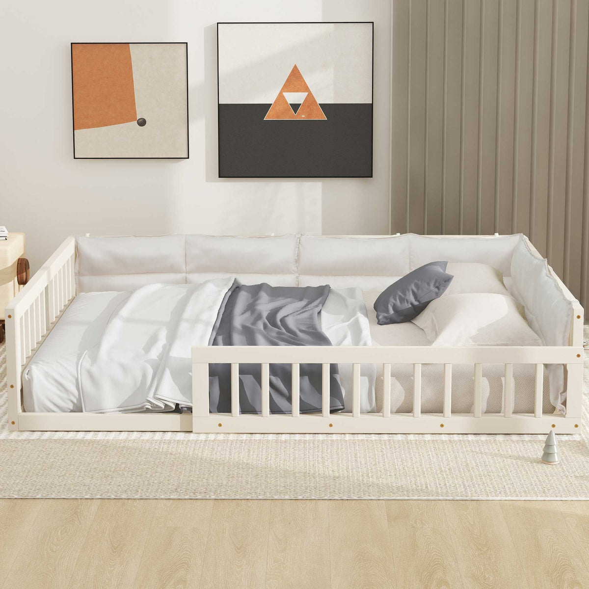 Upholstered Platform Bed With Guardrail And Pillow