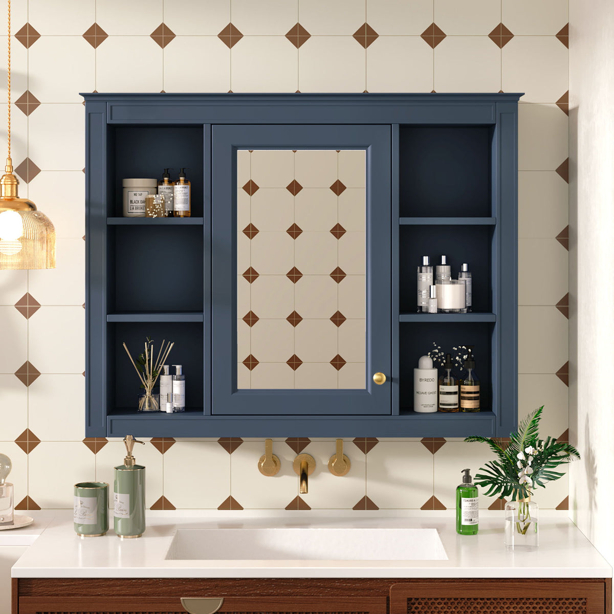 Wall Mounted Medicine Cabinet With Mirror, Storage Cabinet Featuring 6 Open Shelves And Adjustable Interior