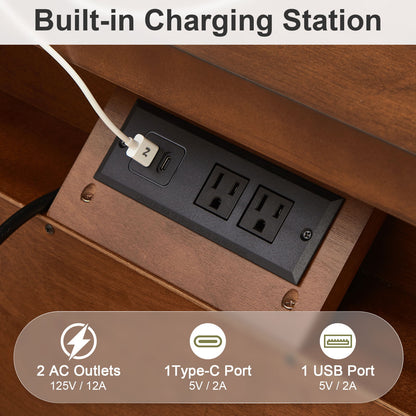 Nightstand With Charging Station, 3 Drawer Bedside Table - Walnut