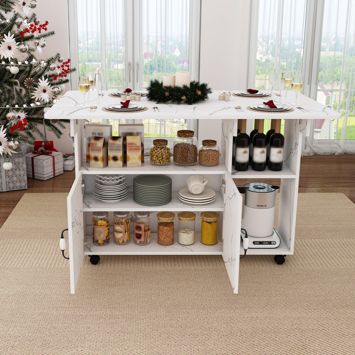 Multi Functional Folding Table With Storage Shelves And Wheels