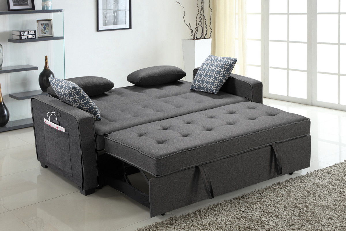 William - Sleeper Sofa With 2 USB Charging Ports And 4 Accent Pillows - Gray