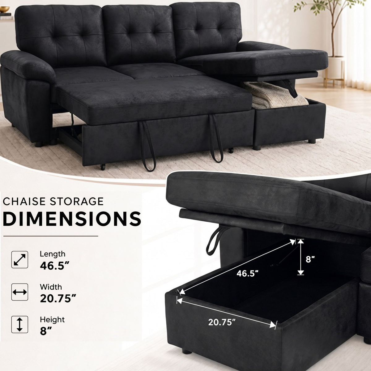 Convertible L - Sectional Sofa Bed With Storage Chaise And Padded Armrests