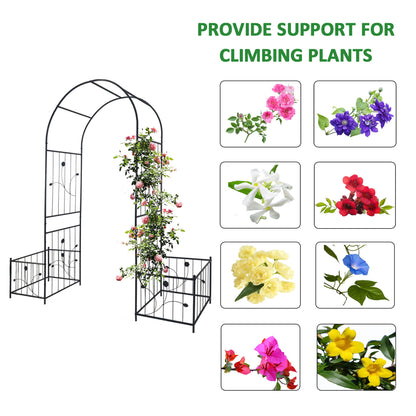 Metal Garden Arch With Two Plant Stands Wide High Climbing Plants Support Rose Arch Outdoor - Black