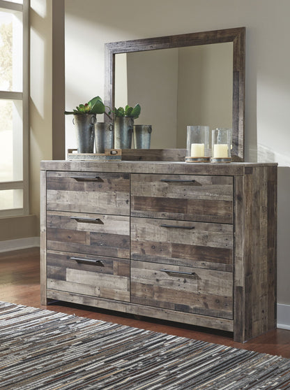 Derekson - 5 Pc. - Queen Panel Headboard with Bolt on Bed Frame, Dresser, Mirror, Chest, Nightstand - Multi Gray