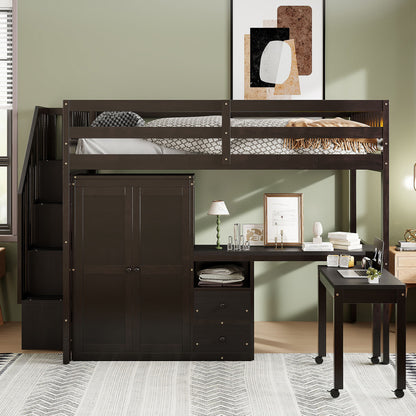 Full Size Loft Bed With Stairs, Bookshelf, Drawers, Desk & Wardrobe, Space Saving Multifunctional Furniture - Espresso