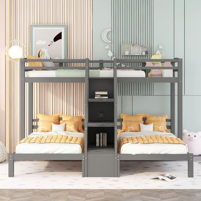 Twin Over Twin & Twin Bunk Bed With Built In Staircase And Storage Drawer - Gray