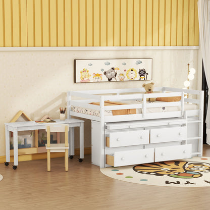 Loft Bed With Retractable Writing Desk And 4 Drawers, With Lateral Portable Desk And Shelves