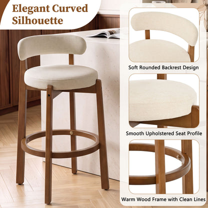 Bar Stool With Curved Backrest, Rounded Edges, And Footrest (Set of 2) - Beige / Walnut