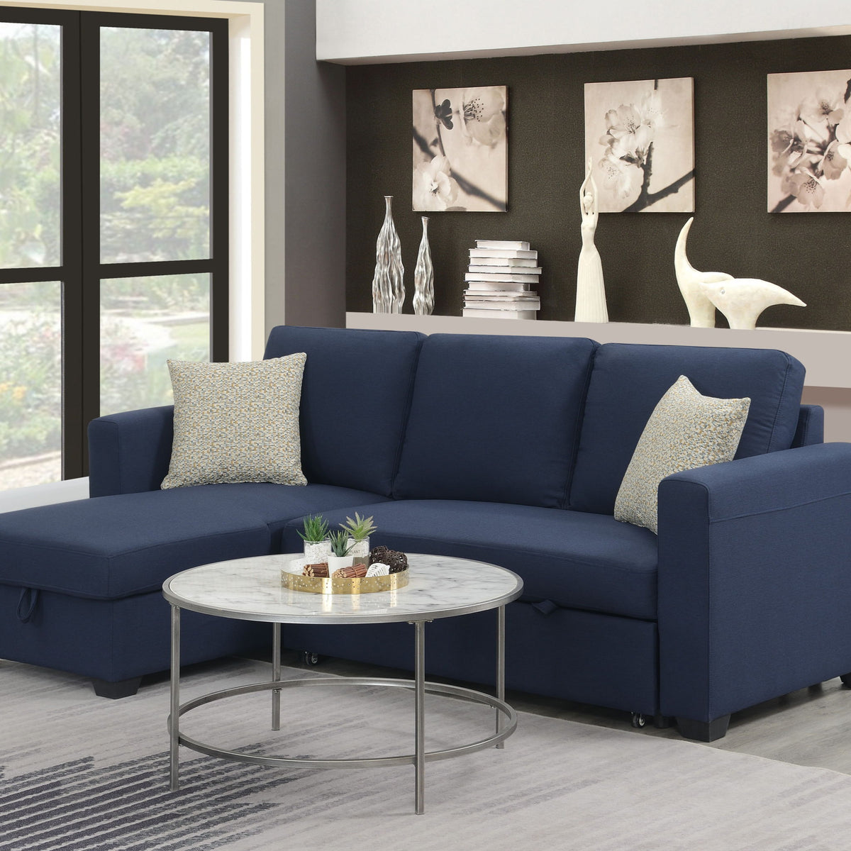 Reversible Sectional With Pop Up Sleeper And Hidden Storage Chaise - Navy