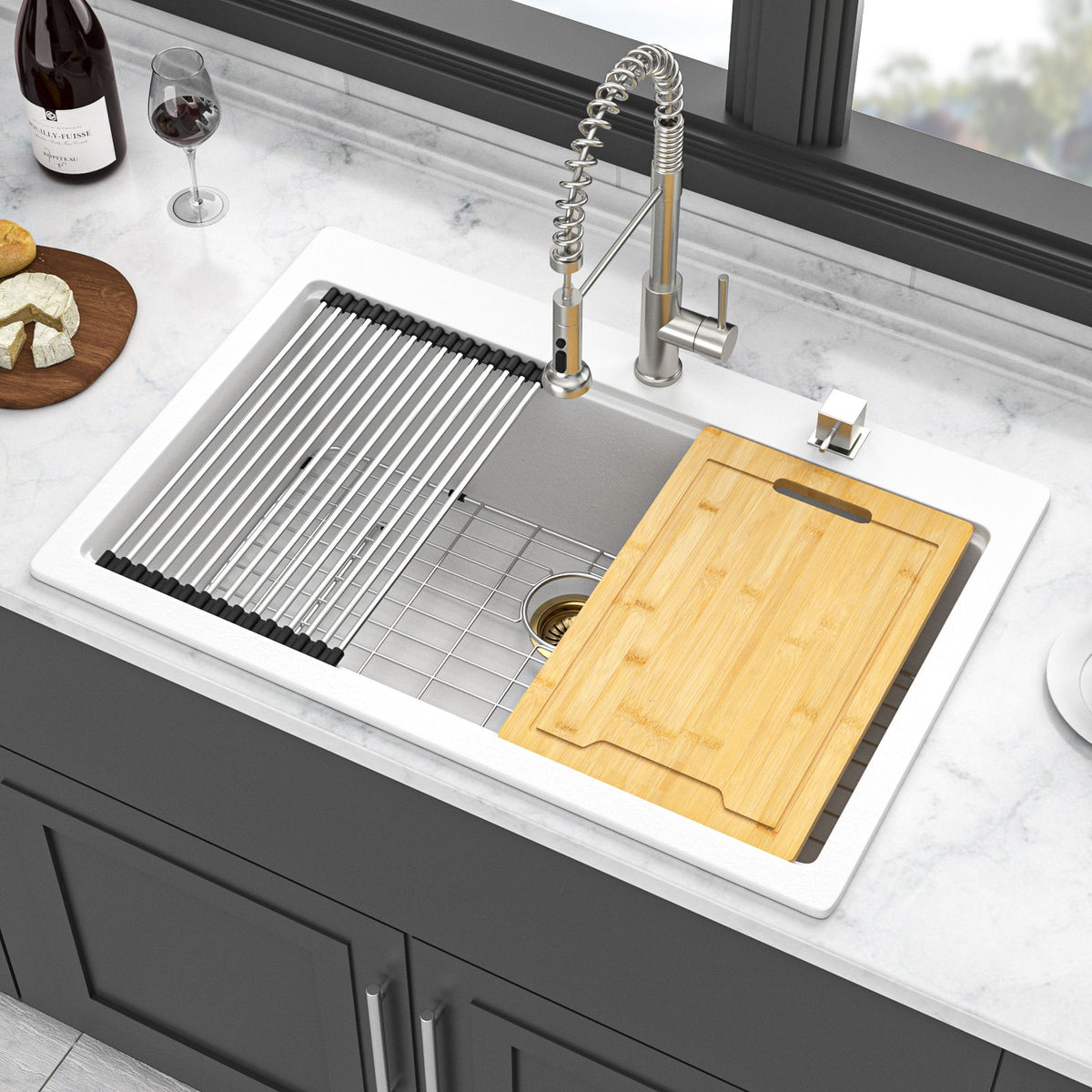 Granite Composite Quartz Kitchen Sink With Workstation Features And Drop In Design