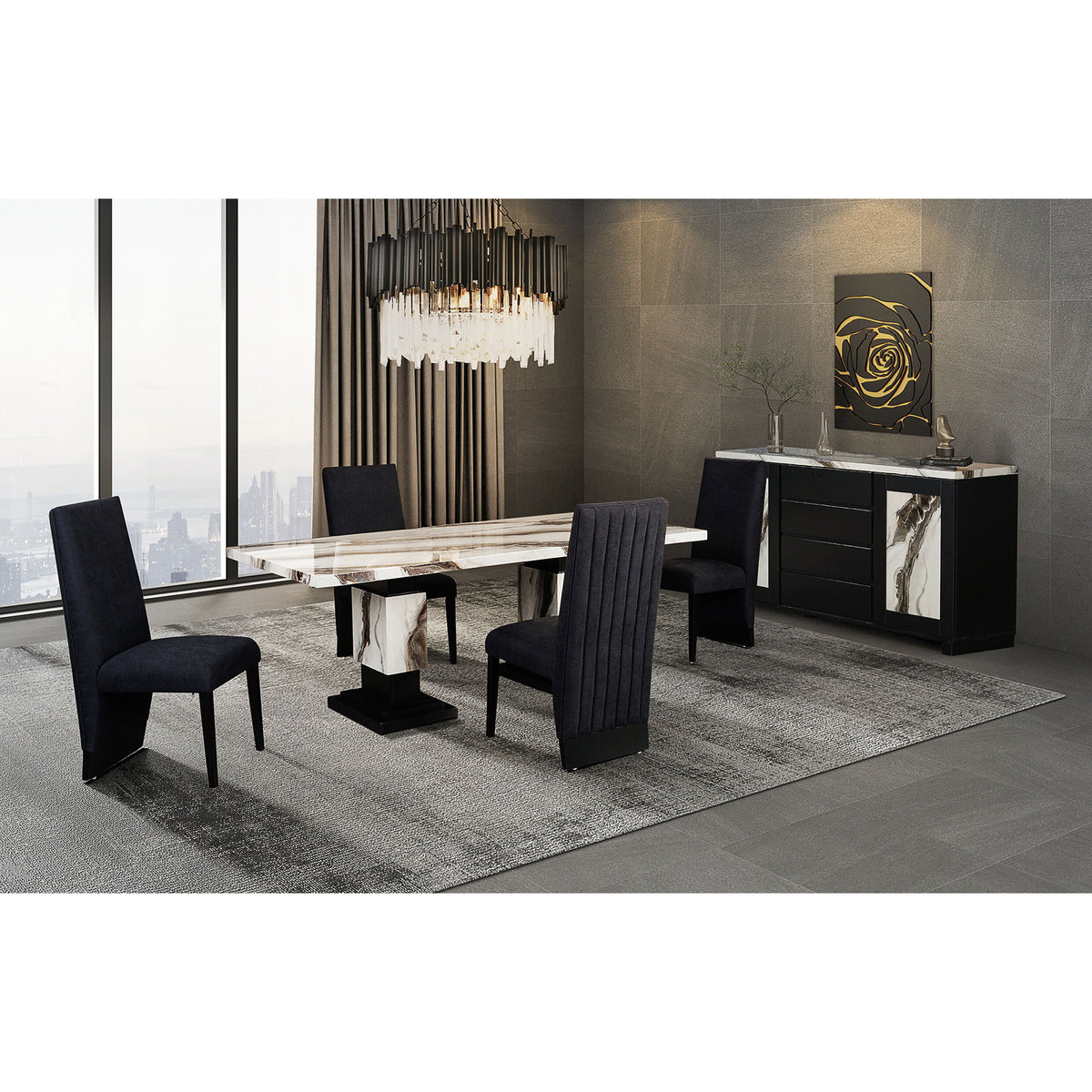 Stacey - Buffet With Storage Drawers And Marble Detailing - Black / Marble