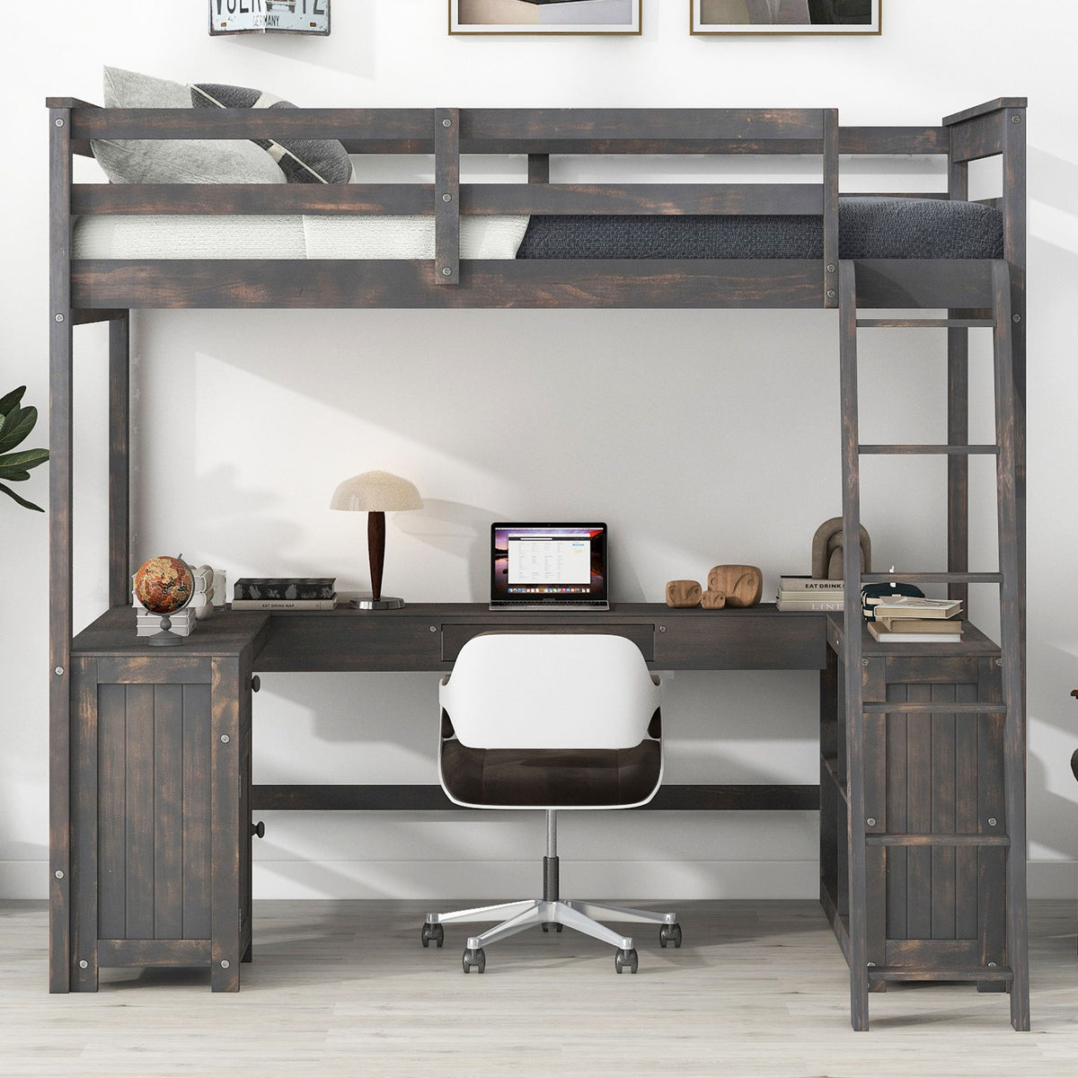 Loft Bed With U-Shaped Desk, Drawers, And Storage Shelves