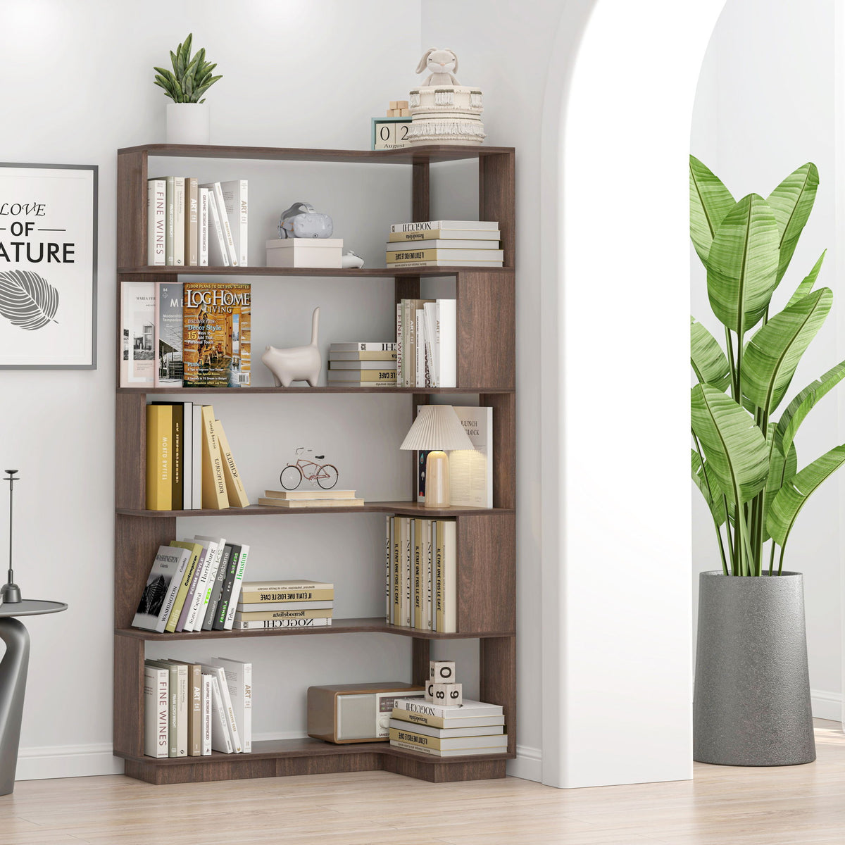 Freestanding Corner Bookshelf For Living Room - Dark Brown