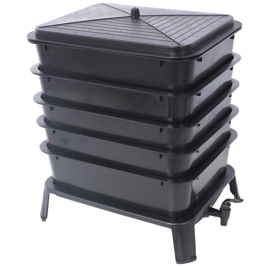 Eco Friendly 5 Layer Worm Compost Bin With 50L Capacity, Easy Setup Plastic Worm Farm Kit - Black