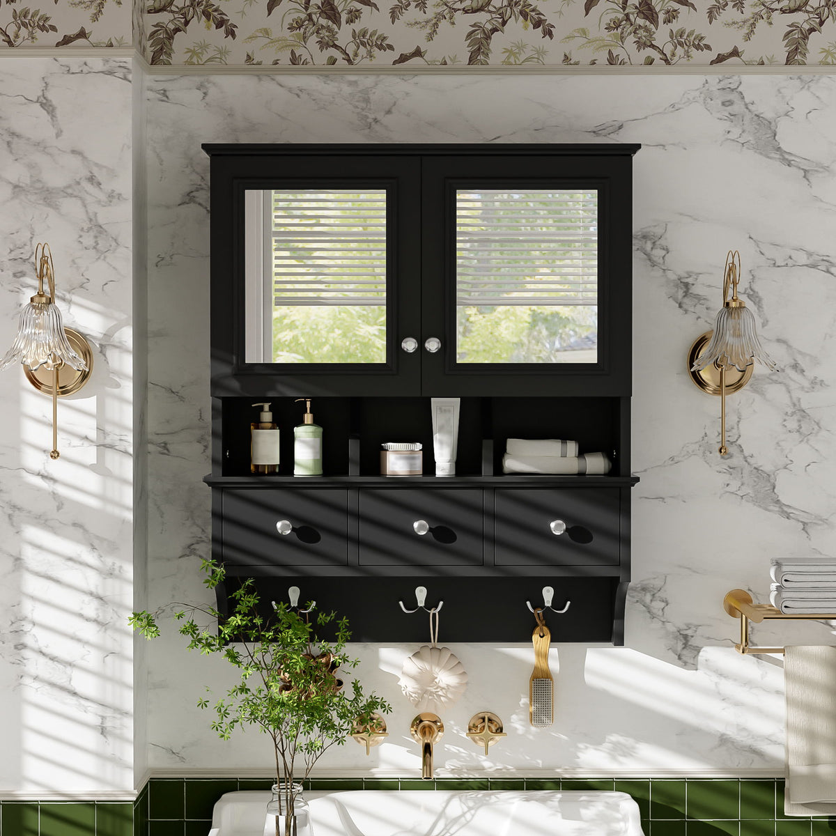 Modern Bathroom Mirror Cabinet With Drawers, Organizer Hooks, And High-Definition Mirrors