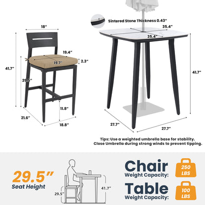 5 Pieces Outdoor Patio Bar Set, Rounded Square Table & 4 Aluminum Bar Stools