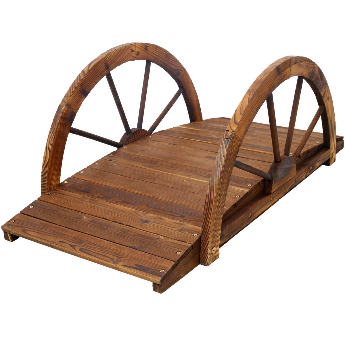 Wooden Garden Bridge Arc Footbridge With Half Wheel Railings Solid Fi - Brown