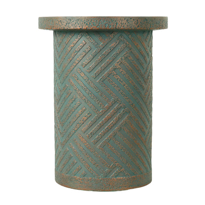 Round Outdoor End Table With Tree Stump Design For Patio - Golden / Green / Peacock