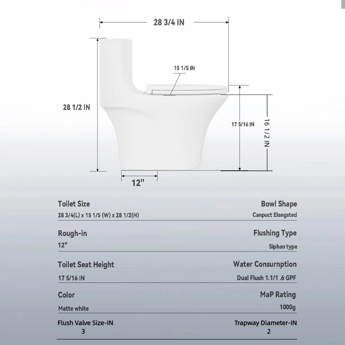 Elegant One Piece Toilet With Tornado Dual Flush, Siphonic S Trap 12", Soft Close Seat, Dual Flush, Ada Height, Glossy - Gloss White