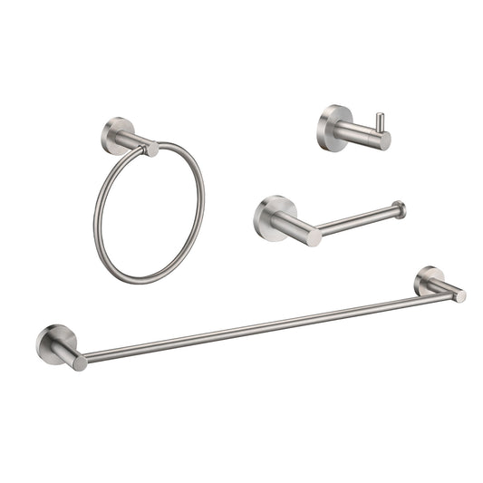 Bathroom Set 4 Pack With Towel Bar Racks, Toilet Paper Holder, Ring, Hook, Stainless Steel - Brushed Nickel