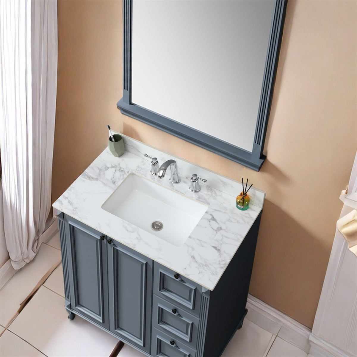 Elegant Sintered Stone Bathroom Vanity Top With Rectangular Undermount Ceramic Sink