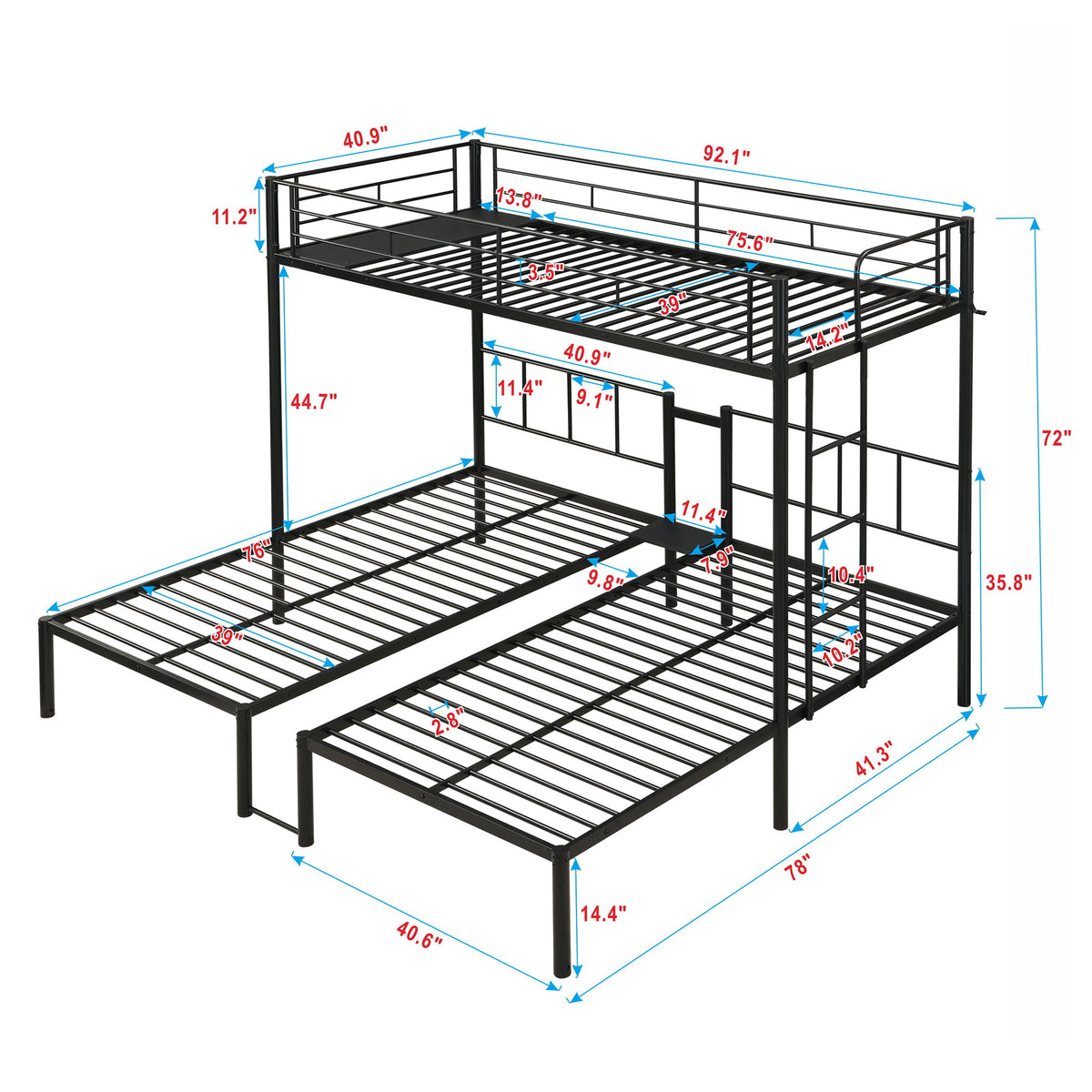 Twin Over Twin Over Twin Triple Bunk Bed With Safety Rails And Storage Shelf - Black
