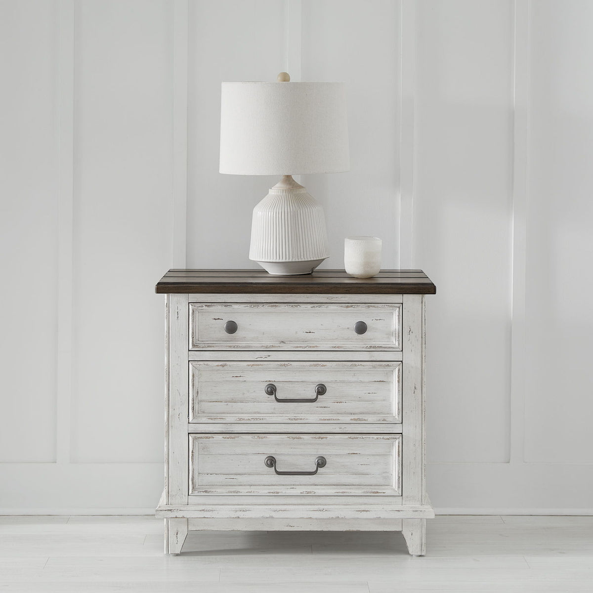 River Place - 3 Drawer Nightstand With Charging Station - Riverstone White & Tobacco