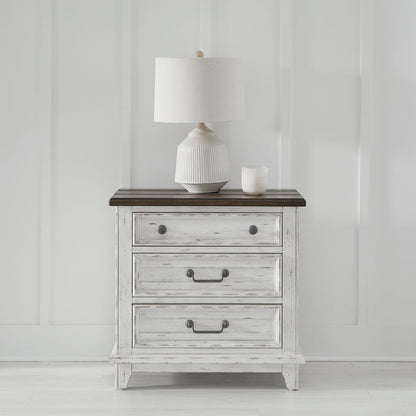 River Place - 3 Drawer Nightstand With Charging Station - Riverstone White & Tobacco