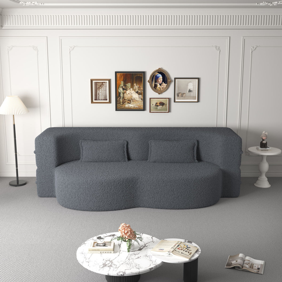 Modern Floor Sofa, With 2 Pillows, Convertible Teddy Fabric Foam Filled Bed
