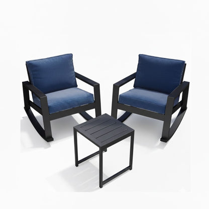 Outdoor Rocking Bistro Set Of 3, Oversized Rocking Chairs With Cushions And Side Table - Black / Blue