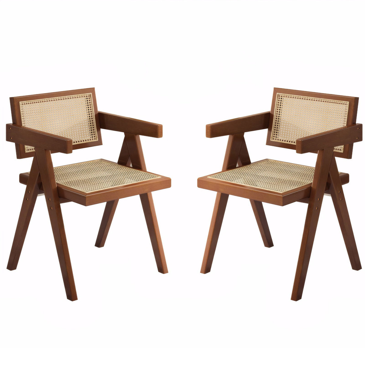 Modern Mid Century Dining Chairs (Set of 2), Rattan Accent Chairs, Comfy Armchairs, Outdoor Wood Chairs With Armrest - Walnut