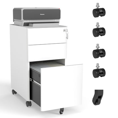 3-Drawer Mobile File Cabinet With Lock, On Wheels, Two Shallow & One Deep Drawer For Office/Home, Fully Assembled - White
