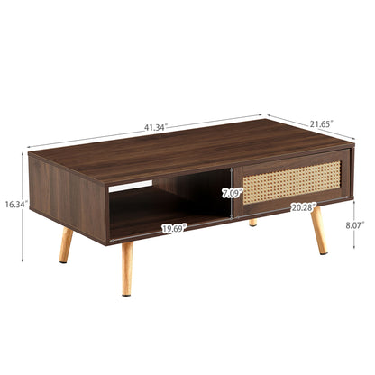 41.34" Rattan Coffee Table, Sliding Door For Storage, Solid Wood Legs, Modern Table For Living Room