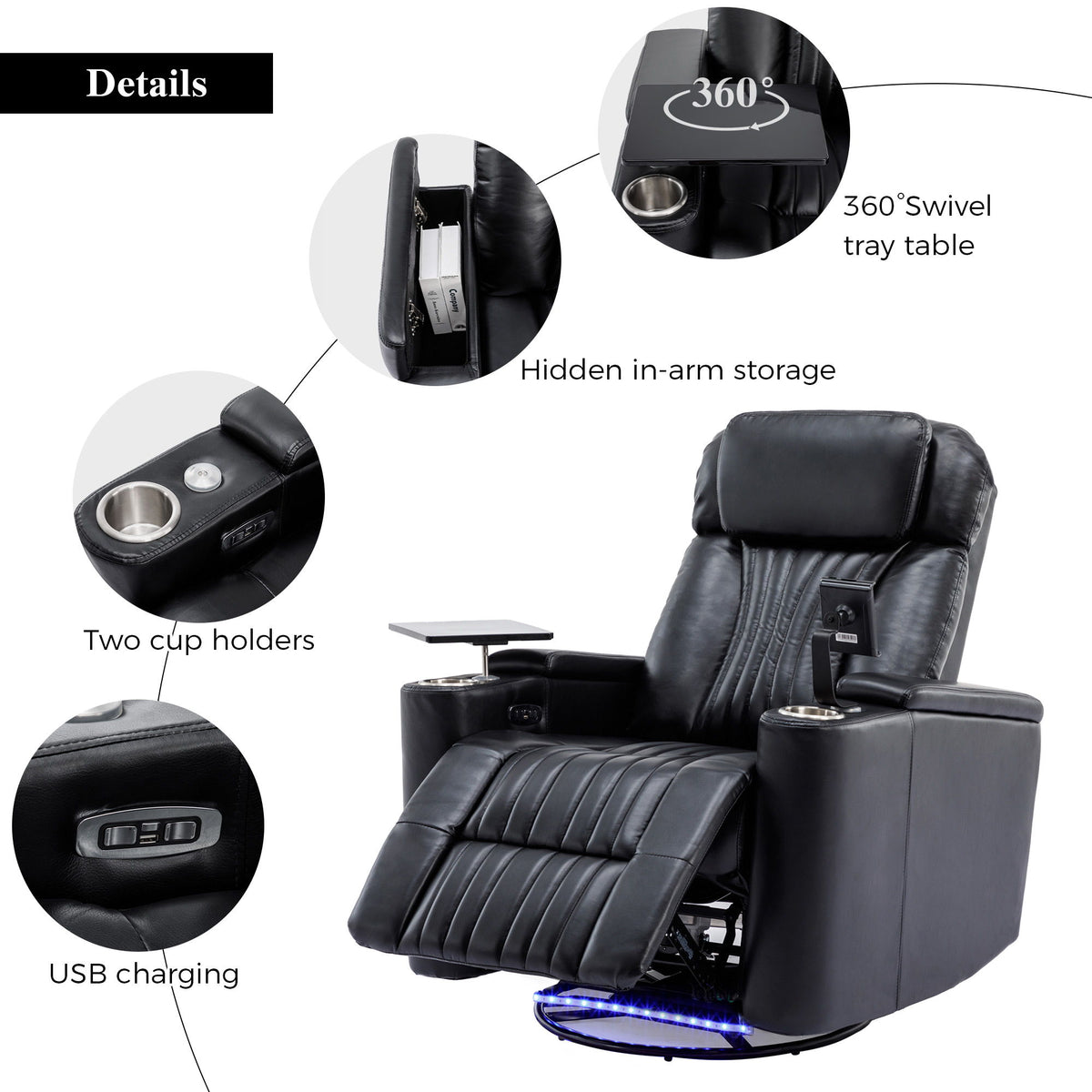 270° Power Swivel Recliner Home Theater Chair With Hidden Arm Storage, LED Light, Cup Holder, And Tray Table