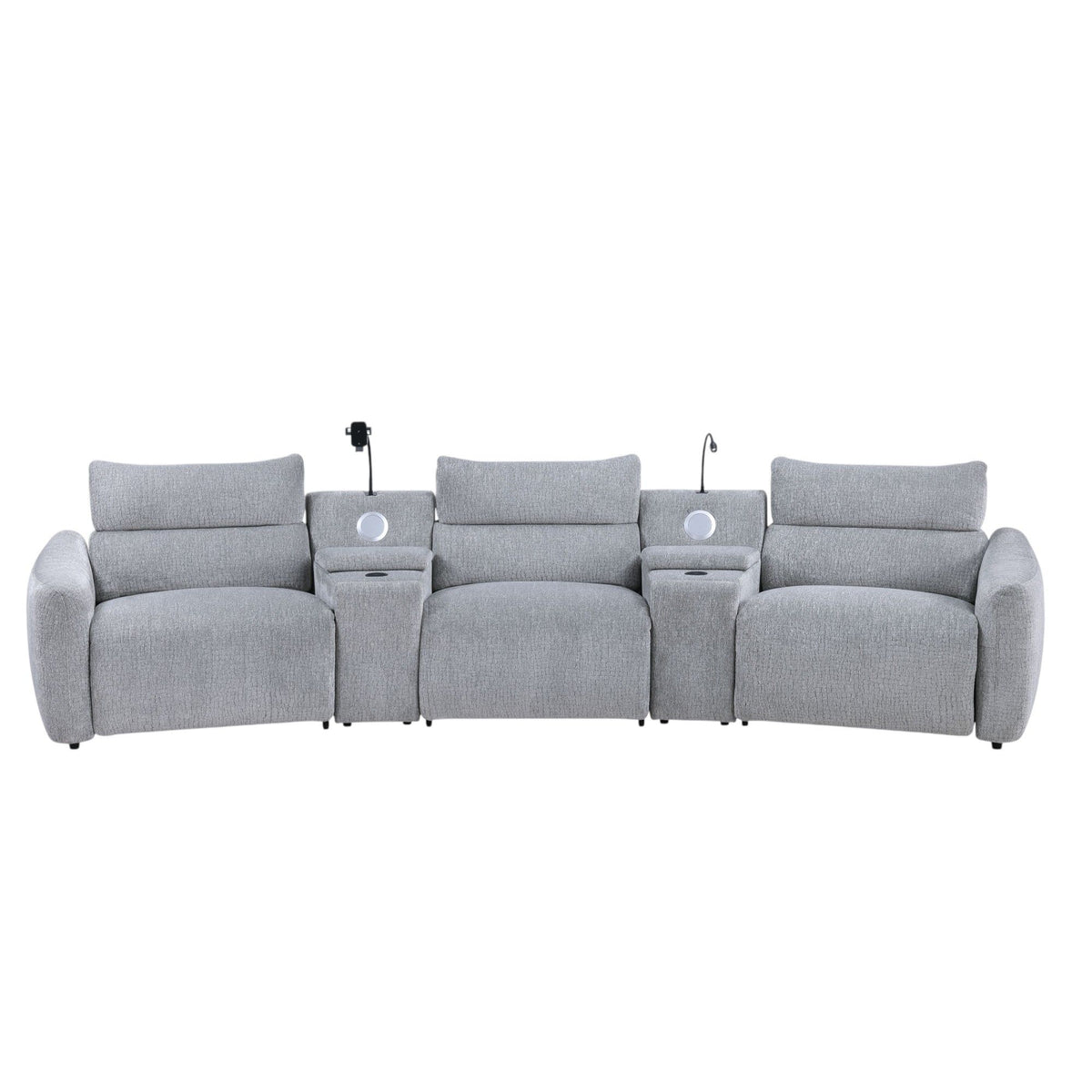 Fullar - Modular Power Motion Sectional Sofa With Console, 2 Wireless Chargers, 4 Cupholders, And 2 Speakers, 1 Phone Holder And 1 Reading Light, Adjustable Headrest - Light Gray