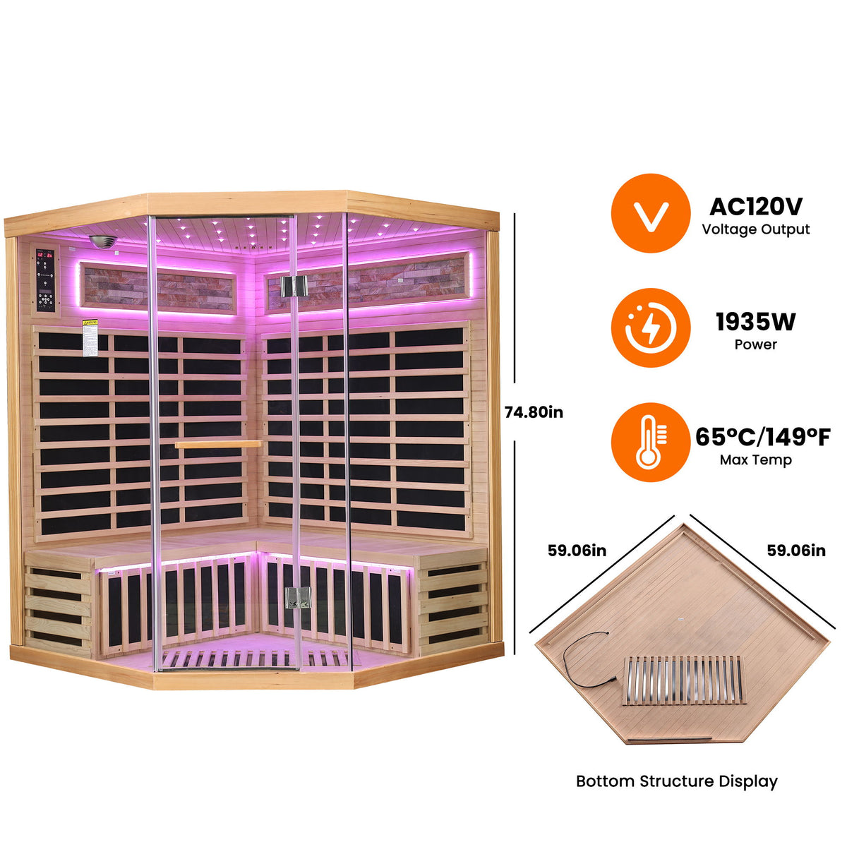 Pentagonal Sauna Room With Carbon Heating Plates - American White Oak