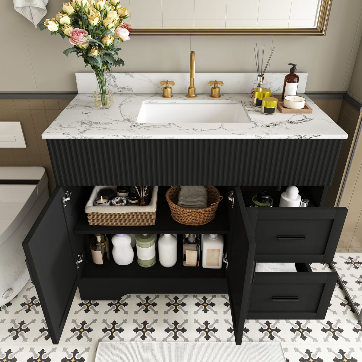 Bathroom Vanity Set, Fluted Cabinet, Soft Close Doors & Drawers, 3 Faucet Holes - Black