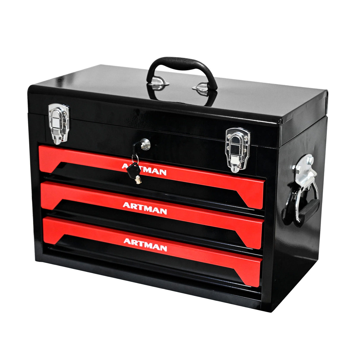 Portable 20" Steel Tool Box With 3 Drawers And Metal Latch Closure - Black / Red