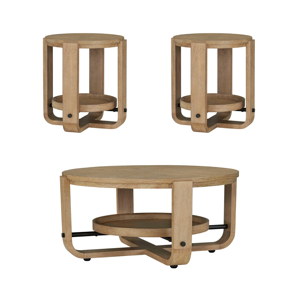 Escape - 3 Piece Occasional Table Set - Glazed Natural Oak / Black Metal Trim