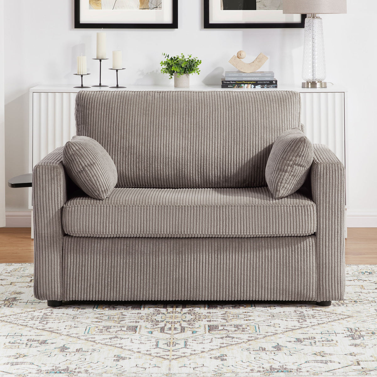 Sleeper Sofa With Foldable Mattress, USB Ports, Side Table & Storage Pocket