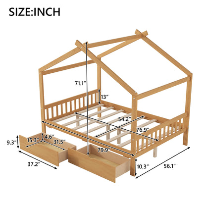 House Style Platform Bed With Headboard, Footboard, 2 Drawers, And Roof Design