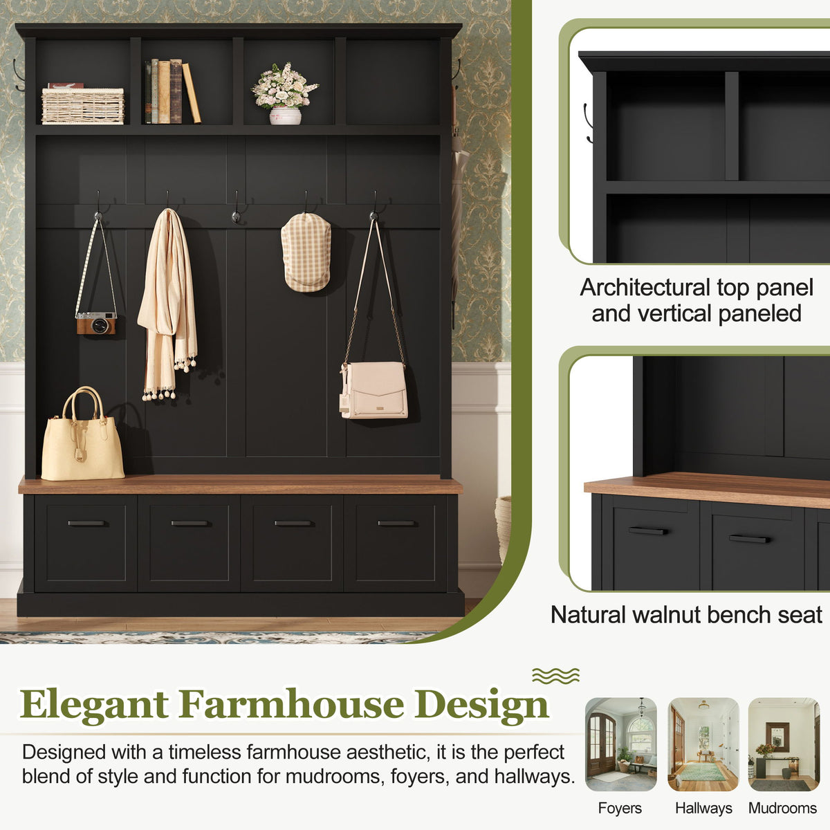 Hall Tree With Storage Bench Mudroom Coat Rack With 6 Hooks